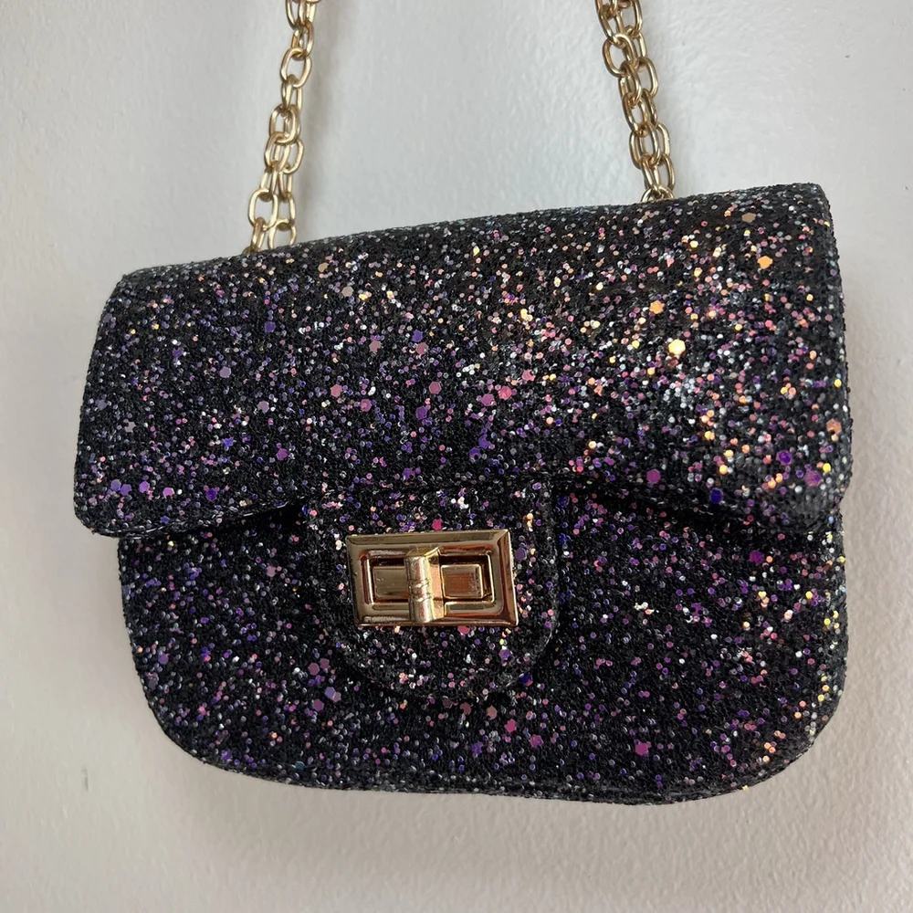 Midnight Glitter Micro Crossbody Purse Metal Chain Glitzy Festival Glam